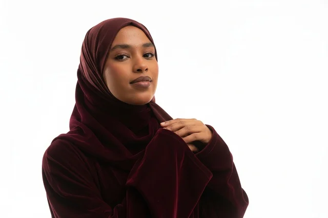 امرأة أفريقية بالحجاب والعباءة المخملية العنابية