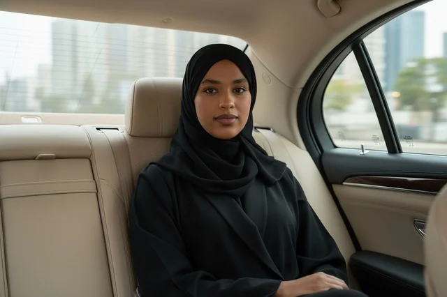 A Saudi woman in a black abaya inside a luxury car.