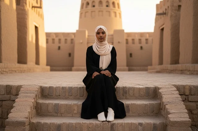 امرأة بعباءة سوداء وحجاب ابيض على سلم حجري امرأة بعباءة سوداء وحجاب ابيض على سلم حجري