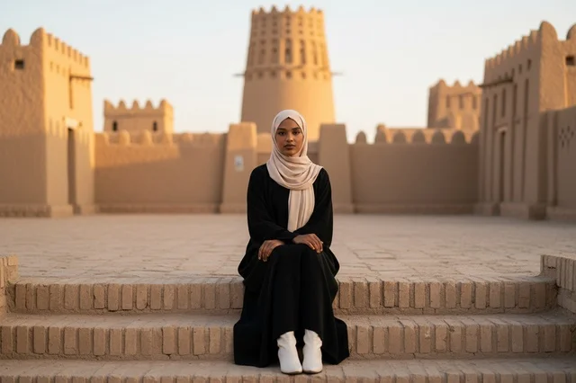 امرأة بعباءة سوداء وحجاب ابيض على سلم حجري
