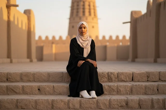 A woman in a black abaya and a white hijab on a stone staircase.