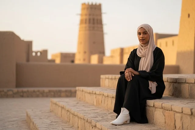 امرأة بعباءة سوداء وحجاب ابيض على سلم حجري