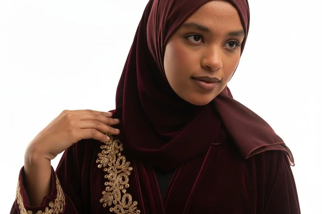 Somali Woman in Burgundy Velvet Abaya with Gold Embroidery