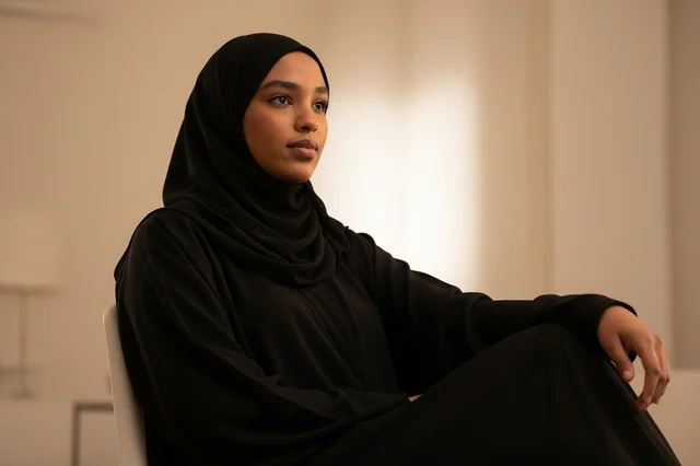 امرأة سعودية بالعباءة السوداء والحجاب في الداخل