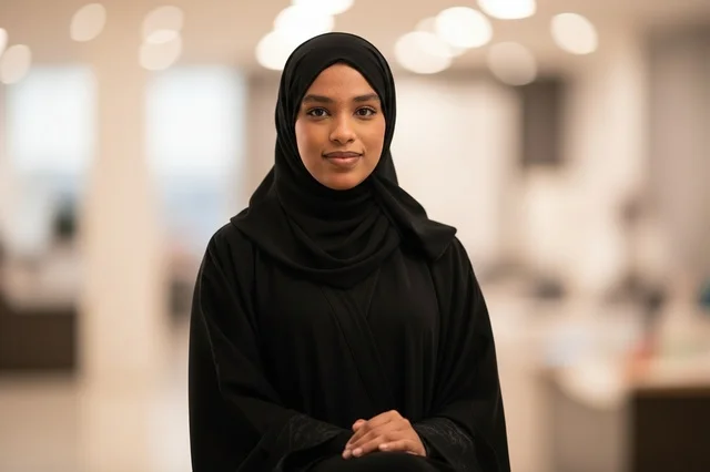Saudi Woman in Black Abaya and Hijab in Office