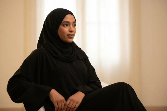 امرأة عربية بالعباءة السوداء والحجاب تجلس في الداخل