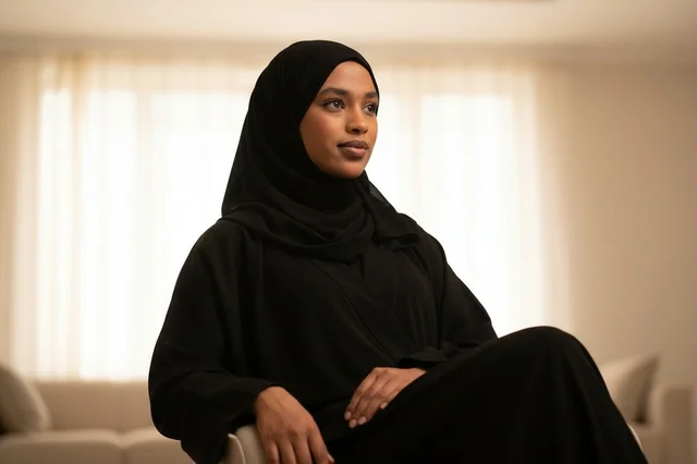 امرأة أفريقية ترتدي عباءة وحجاب أسود في المنزل