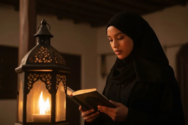 Arab Woman Reading Book by Lantern Light