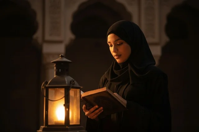 امرأة عربية تقرأ كتاباً بجانب ضوء الفانوس