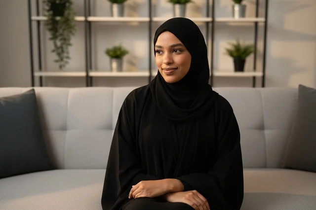 امرأة سعودية بعباءة سوداء على أريكة في الداخل
