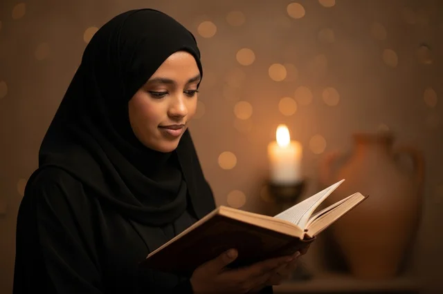 امرأة مسلمة أفريقية تقرأ كتاباً بضوء الشموع
