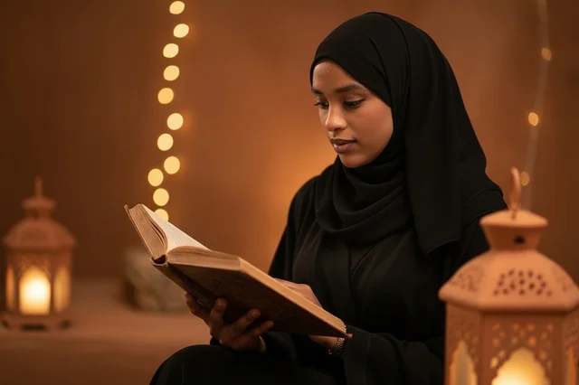 امرأة سعودية تقرأ القرآن الكريم مع فوانيس رمضان
