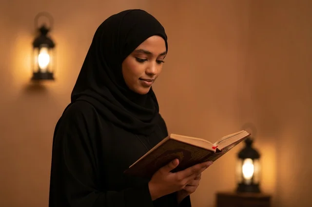 Emirati Woman Reading Book with Warm Lanterns