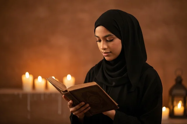 امرأة عربية بالحجاب تقرأ كتاباً على ضوء الشموع