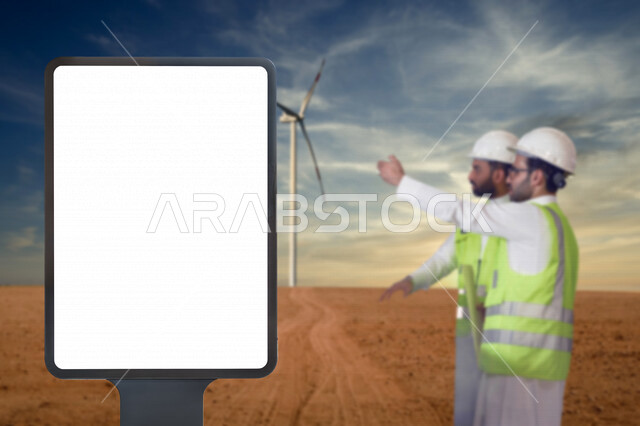 مهندسان كهربائيان عربيان خليجيان سعوديان يتناقشان في عمل الخلايا الشمسية في حقل لتوربينات الرياح ، انتاج الطاقة المتجددة من طواحين الهواء ، لوحة يونيبول إعلانية تجارية مضيئة بيضاء ، استخدام الطاقة المتجددة ، إعلانات تسويقية ، موك أب لوحة إعلانية 