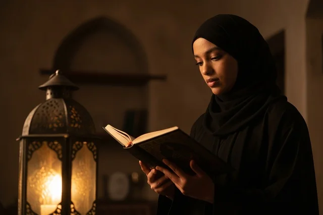 امرأة عربية بالعباءة السوداء تقرأ كتاباً بجانب فانوس تقليدي