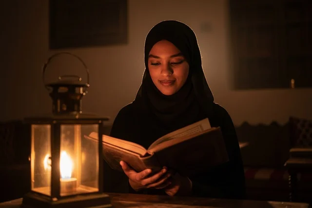 Saudi Woman Reading Book by Traditional Lantern
