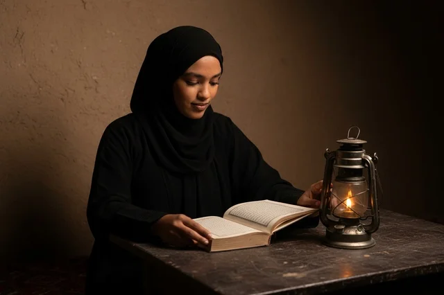امرأة عربية تقرأ كتاباً على ضوء الفانوس
