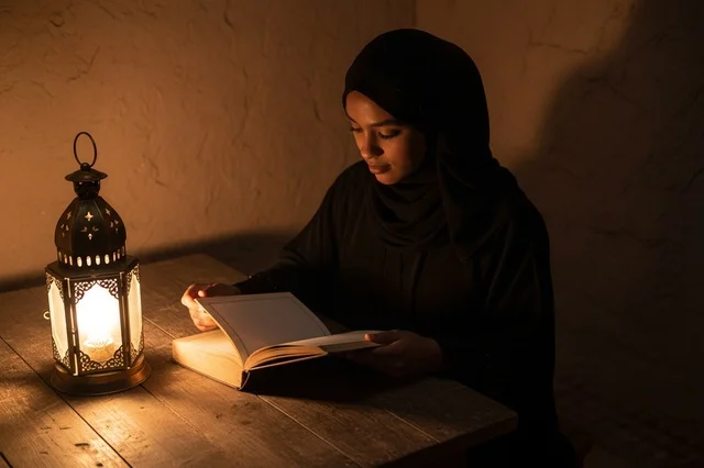 Saudi Woman Reading Book by Traditional Lantern Light