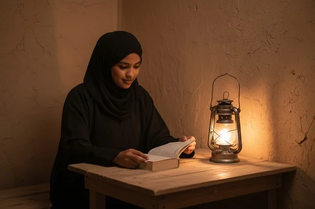 Saudi Woman Reading Book by Lantern Light