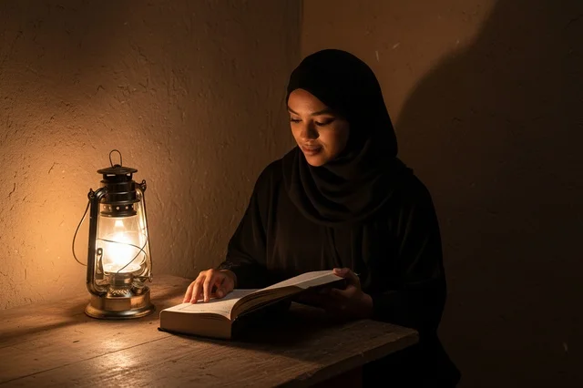 امرأة سعودية تقرأ على ضوء الفانوس بالعباءة