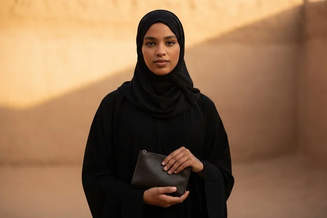 امرأة إماراتية بالعباءة السوداء تحمل محفظة جلدية امرأة إماراتية بالعباءة السوداء تحمل محفظة جلدية