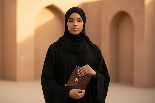 African-Arab Woman in Abaya Holding Clutch at Sunset