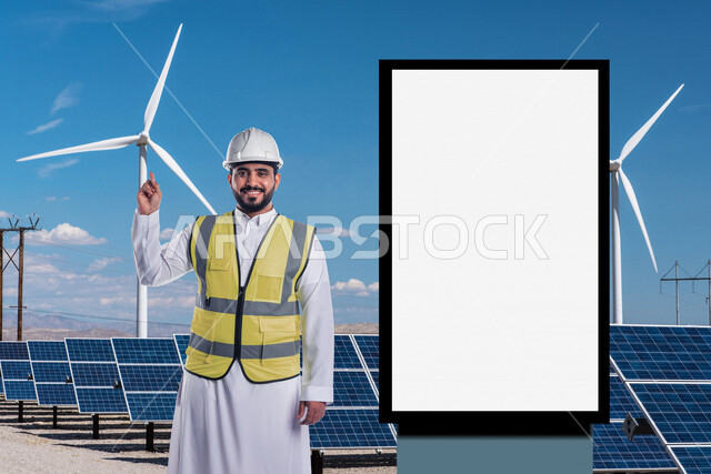 مهندس كهربائي عربي خليجي سعودي مبتسم ، يقف أمام لوحات للخلايا الشمسية لتوليد الكهرباء و طواحين الهواء و بجانب لوحة يونيبول إعلانية تجارية مضيئة بيضاء ، مفهوم التكنولوجيا التنمية المستدامة بالطاقة البديلة ، إعلانات دعائية ، موك أب لوحة إعلانية 
