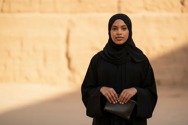 امرأة سعودية بالعباءة السوداء أمام جدار حجري