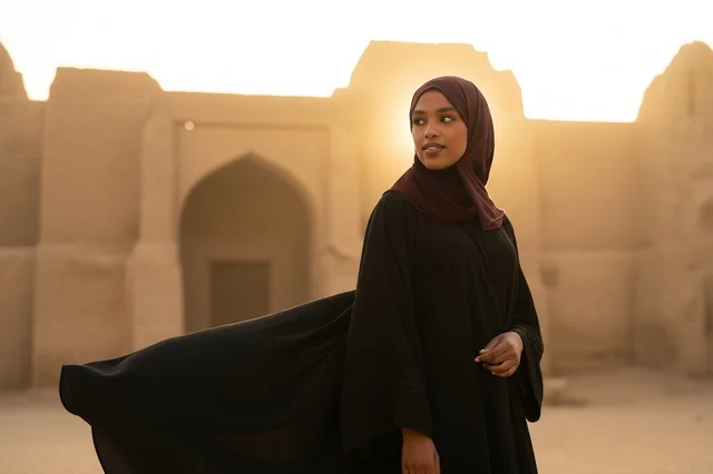 امرأة صومالية بالعباءة في أطلال صحراوية قديمة