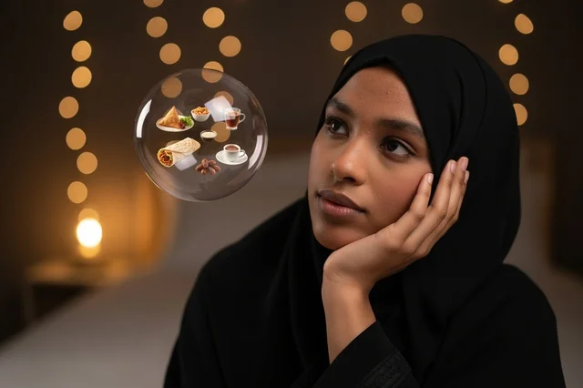 A Saudi woman in a hijab is thinking about pizza.