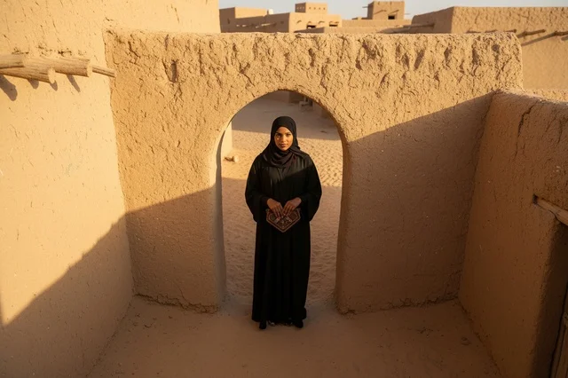 Saudi Woman in Abaya at Historical Mud Village