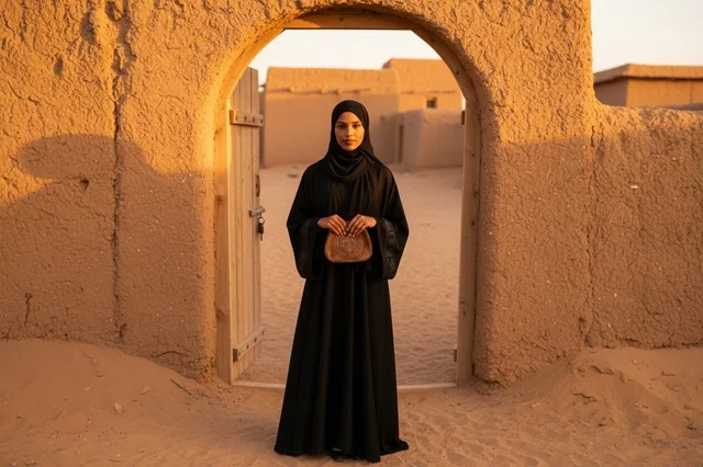 امرأة إماراتية بالعباءة في قرية تراثية وقت الغروب