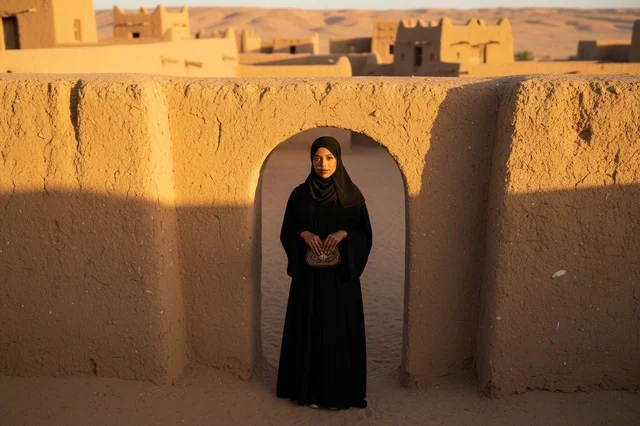 An Emirati woman in an abaya in a heritage village at sunset.