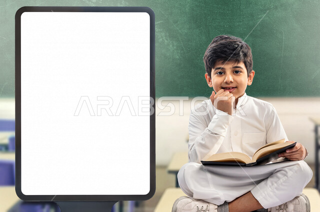تلميذ مدرسي عربي خليجي سعودي مبتسم يجلس في غرفة صفية يحمل بيده كتاب و يشير بأصبع الابهام لأعلى للرضا و العمل الممتاز ،  لوحة يونيبول إعلانية تجارية مضيئة بيضاء ، إعلانات دعائية تعليمية ، موك أب لوحة إعلانية 