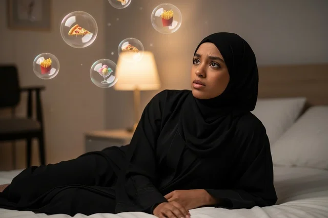 Arab Woman in Bed Dreaming of Fast Food