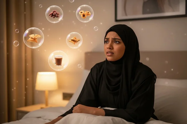 امرأة سعودية بالعباءة تتخيل أطعمة رمضان