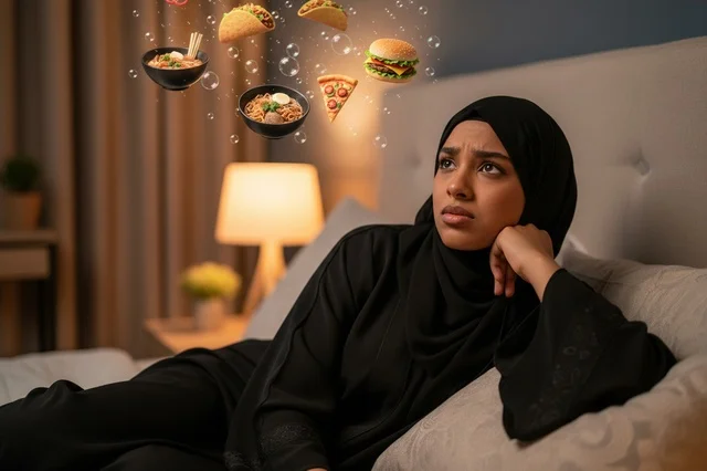 امرأة سعودية بالعباءة تحلم بالطعام في الليل