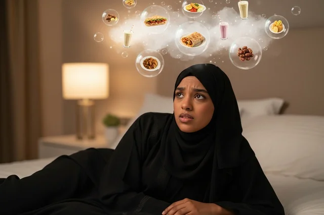 Saudi Woman in Abaya Dreaming of Food at Night