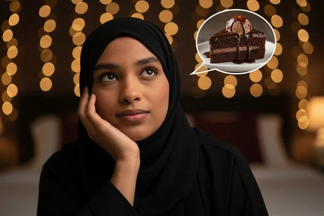 امرأة سعودية بالحجاب تفكر في كعكة الشوكولاتة