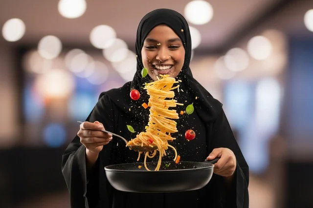 امرأة إماراتية بالعباءة تطبخ مكرونة متطايرة
