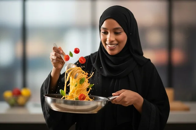 امرأة عربية تطبخ المعكرونة في المطبخ بالعباءة