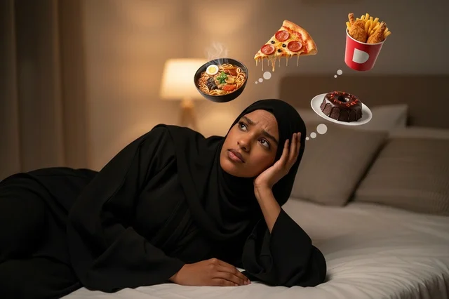 Saudi Woman in Abaya Thinking About Fast Food