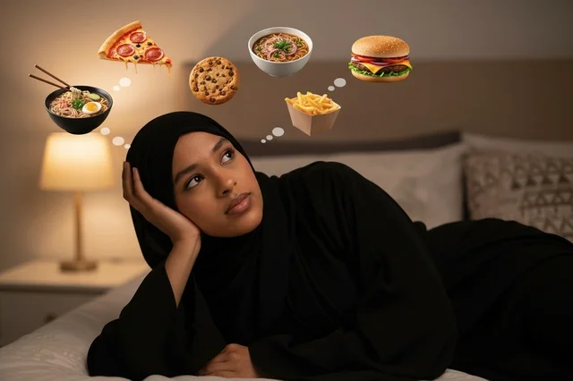 Saudi Woman in Abaya Thinking About Fast Food