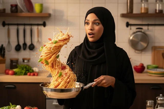 Arab Woman in Abaya Cooking Flying Spaghetti in Kitchen