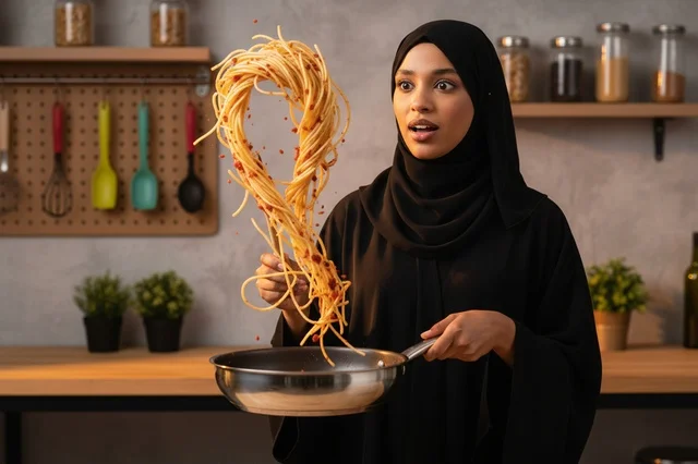 Arab Woman Cooking Spaghetti in Black Abaya