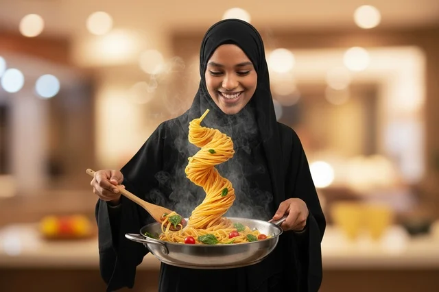 Arab Woman in Abaya Cooking Hot Pasta in Kitchen