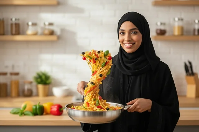امرأة سعودية بالعباءة تطبخ المعكرونة في المطبخ