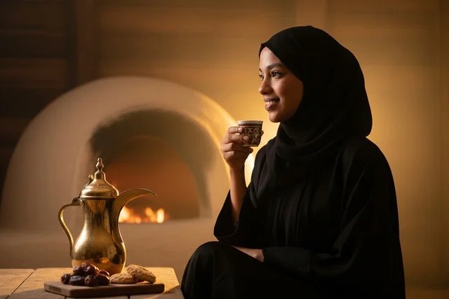 امرأة سعودية بالعباءة تشرب القهوة العربية بجانب التنور