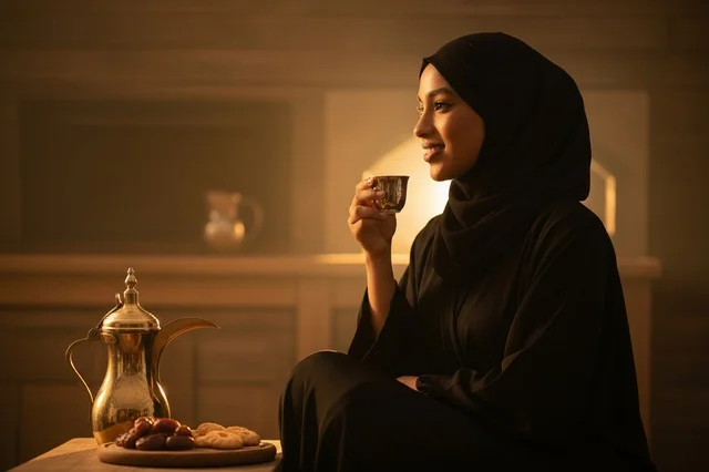 امرأة إماراتية تشرب القهوة العربية بإضاءة ذهبية